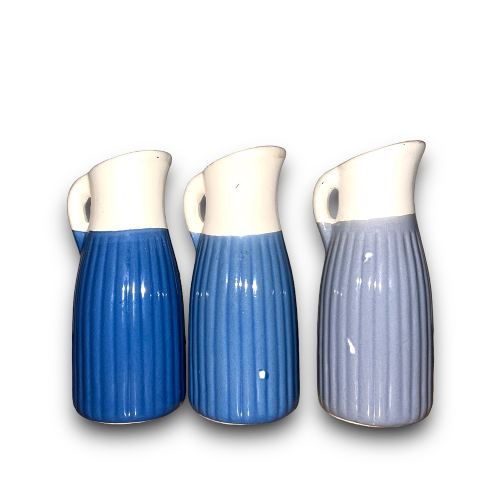 Rustic Ceramic Pitchers • Set of Three, Blue, Farmhouse Decor